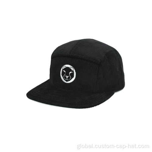 Custom 5 Panels Camp Cap Black Corduroy 5 Panel Camper Hats Manufactory